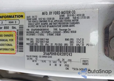 2013 Ford Fusion Se z USA, uszkodzony, nr VIN 3FA6P0HR4DR289243